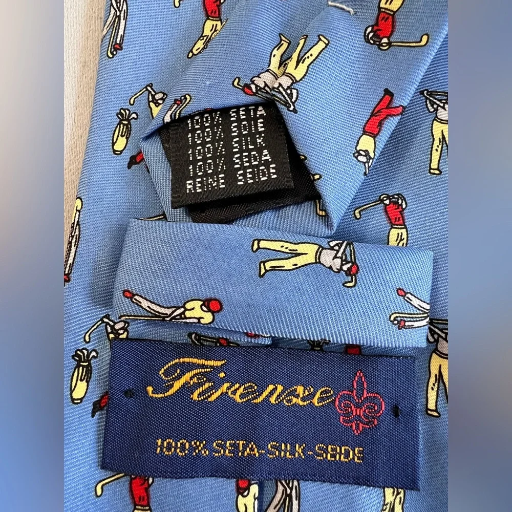 Vintage Firenze Mens Tie Necktie Blue‎ Large 100% Silk golf player